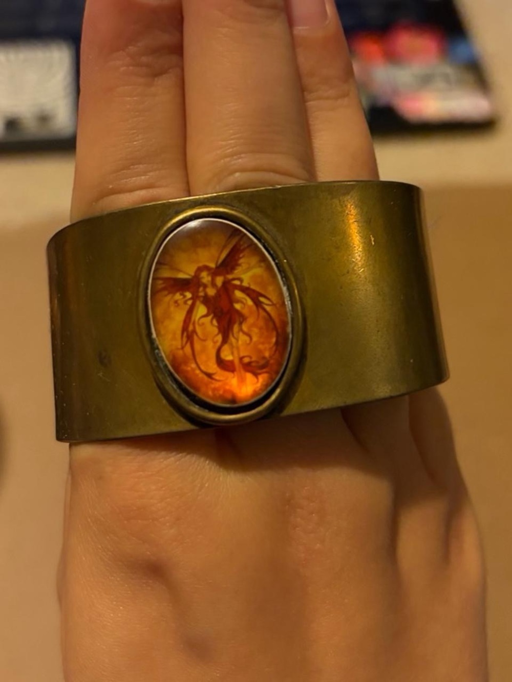 Kids Wide Brass Cuff Bracelet with Orange Fairy Cabochon